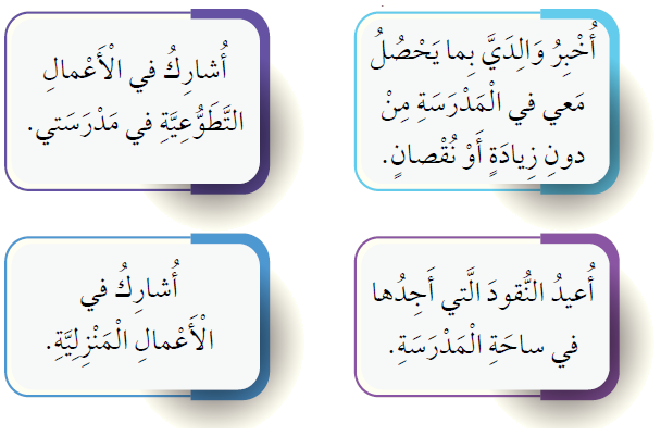 أَخْتارُ مِنَ الْقِيمِ الْوارِدَةِ في الدَّرْس ما يُناسِبُ الْجُمْلَ الْآتِيَةَ